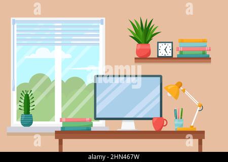 Workplace room, interior of work cabinet at home, vector illustration Stock Vector