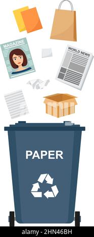 Garbage bin with paper waste, recycling garbage, vector illustration Stock Vector