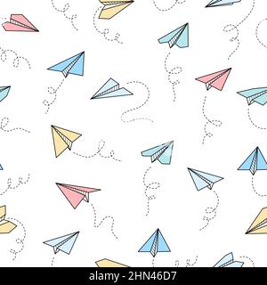 Paper airplane vector seamless pattern. Doodle outline style paper airplane background. Simple origami aircraft seamless pattern. Drawing doodle vector illustration. Stock Vector