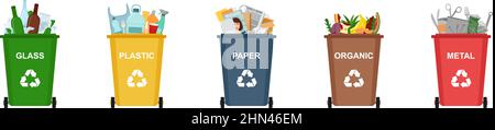 Set of garbage bins for recycling different types of waste. Sorting and recycling waste, vector illustration Stock Vector