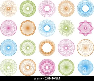 Guilloche money security watermarks, geometric round frames. Geometric circular meshy watermarks vector illustration set. Round guilloche elements Stock Vector