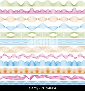 Guilloche money borders, security seamless watermarks. Geometric guillouche border frames vector illustration set. Abstract watermark elements Stock Vector
