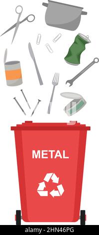 Garbage bin with metal waste, recycling garbage, vector illustration Stock Vector