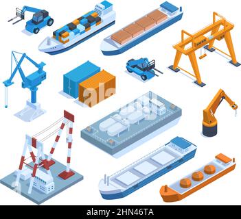Isometric seaport elements, cargo ships, barges and containers. Marine port ships, cranes and shipping containers vector illustration set. Water Stock Vector