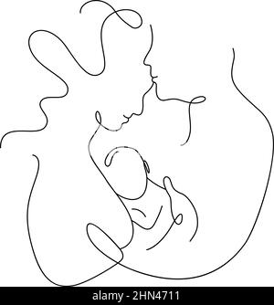 One continuous monoline single drawing line art flat doodle family, mom love dad and baby, mother father. Isolated image hand drawn contour on white Stock Vector