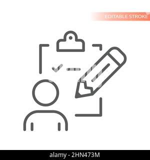 Clipboard, pencil and person line vector icon. Task manager with checkmark outline symbol. Stock Vector
