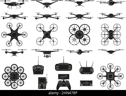 Drone icons, aerial quadcopters vehicles silhouette symbols. Modern unmanned flying drones vector illustration set. Aerial quadcopters technology Stock Vector