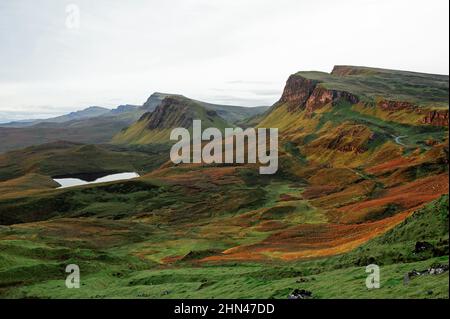 The Quiraing early in the morning, with view on the lake and mountains Isle of Skye, Scotland mountains, United Kingdom Stock Photo