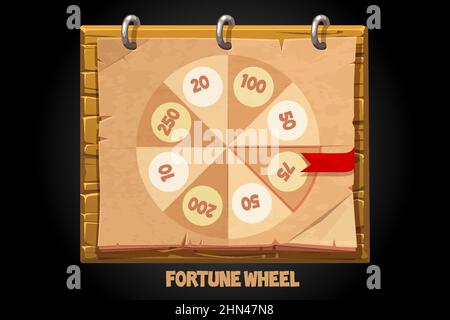 Spin the paper wheel of fortune on a wooden board. Stock Vector