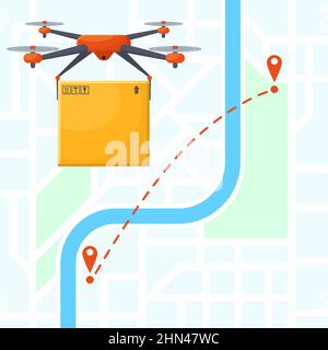 Drone delivery concept. Cartoon Quadcopter with cargo and route on the ...