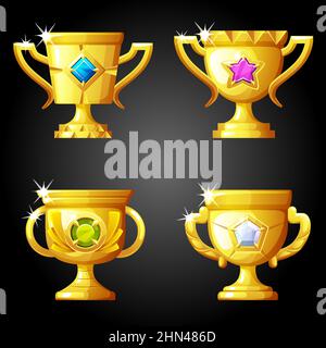 Gold cups of awards with precious stones to play. Stock Vector