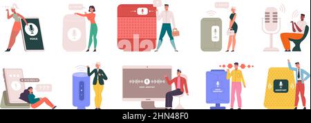 People use audio smart speaker or virtual voice assistant. Cartoon user with voice assistants devices, vector illustration set. Digital voice Stock Vector