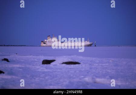 HOLMSUND, SWEDEN IN 2005, analog. View of MS Helena, Husum departure from the port. Winter and ice. Editorial use. Stock Photo