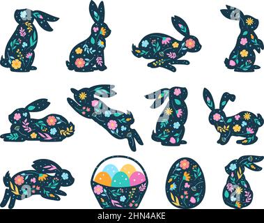 Cartoon easter rabbit silhouette, cute spring bunny and eggs elements. Flowered easter bunnies silhouettes vector illustration set. Cute bunnies Stock Vector