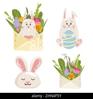 Spring cute set. Easter Bunny with an egg and in a postal envelope. Stock Vector