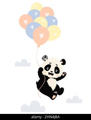 Cute panda character is flying on balloons with clouds. Vector illustration. Cute animal in scandinavian style for nursery and posters, nursery Stock Vector