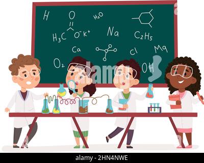 Kids science experiment in chemistry lab, children scientific research. Educational scientific activity for children vector illustration. Kids conduct Stock Vector