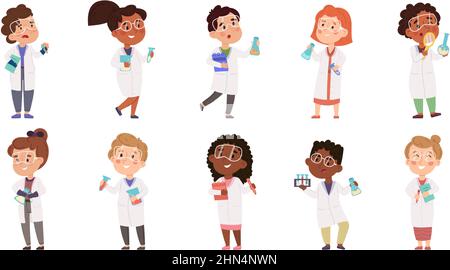 Kids scientists, boys and girls experiment in chemistry lab. Multiracial kids scientists doing scientific experiment vector illustration set. Baby Stock Vector