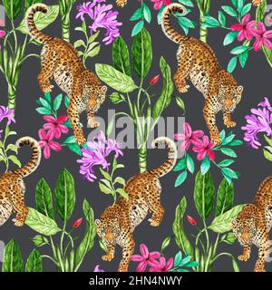Hand drawn leopard & flowers pattern design in water color for wallpaper, textile, surface, fashion, background, tile, stationary, home decor, furnish Stock Photo
