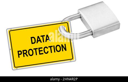 Yellow sign and Data Protection with lock isolated on white background Stock Photo