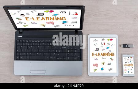 E-learning concept shown on different information technology devices Stock Photo