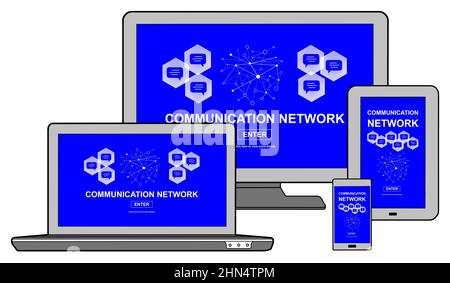 Communication network concept shown on different information technology devices Stock Photo