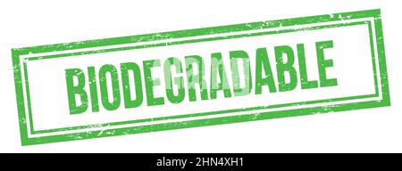 BIODEGRADABLE text on green grungy vintage rectangle stamp. Stock Photo