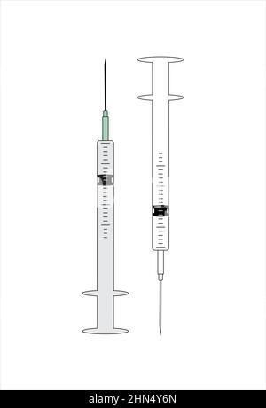 Two medical syringe with needle isolated on blue background. Flat and line style. Stock Vector