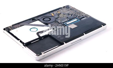 Electronic device mainboard PCB in laptop. white background Stock Photo