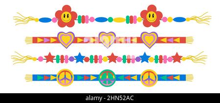 Friendship bracelets set. Retro hippie DIY beaded bracelets with peace icon and heart, flower power. Vector illustration clip-art Stock Vector