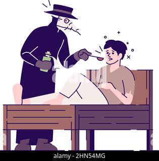 Plague doctor treating patient semi flat RGB color vector illustration Stock Vector