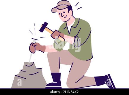 Archaeologist with excavation tools semi flat RGB color vector illustration Stock Vector