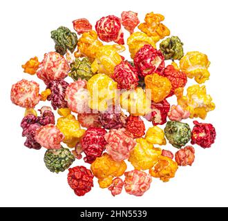 Colorful popcorn isolated on white background, top view Stock Photo