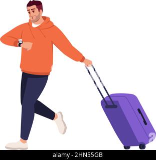 Man checking time and waiting for boarding semi flat color vector illustration Stock Vector