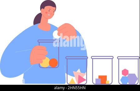 Woman do tasks distribution metaphor. Sorting geometric figures in jars. Successful self time management, business list. Logic task vector concept Stock Vector