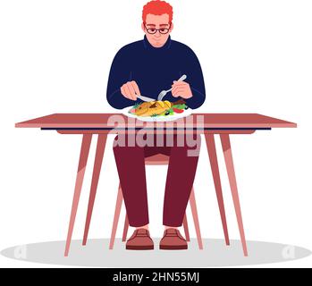 Man eating fish with knife and fork semi flat RGB color vector illustration Stock Vector