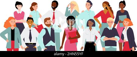 Team portrait. Smile diverse ethnic professionals in group. Corporate young coworkers together in office clothes. Decent employee in business vector Stock Vector