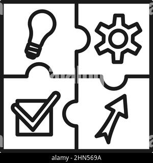 Line art black and white project development cycle. From idea to implementation. Vector illustration for icon, poster, leaflet, web site or applicatio Stock Vector