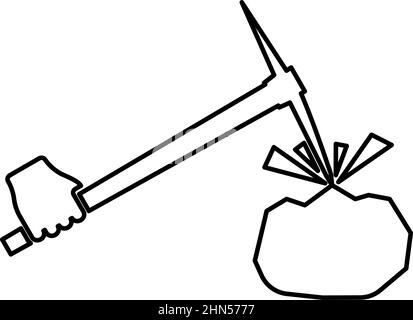 Pickaxe mining beats stones flying Holding in hand contour outline line icon black color vector illustration image thin flat style simple Stock Vector