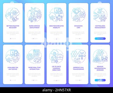 UCaaS blue gradient onboarding mobile app screen set Stock Vector