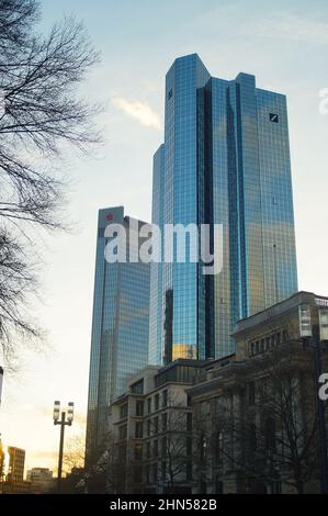 The towers of the Deutsche Bank and the Trianon in the evening light. Stock Photo