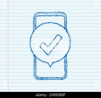 Smartphone with checkmark or tick notification in bubble. Approved choice. Accept or approve checkmark. sketch style. Vector stock illustration Stock Vector