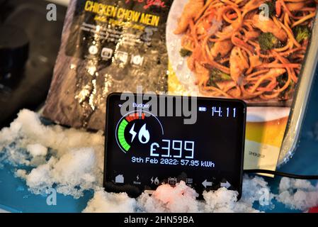 Smart meter to illustrate the increase of electricity and gas bills. . Smart meter shows a daily budget exceeded with some people facing  heat or eat Stock Photo
