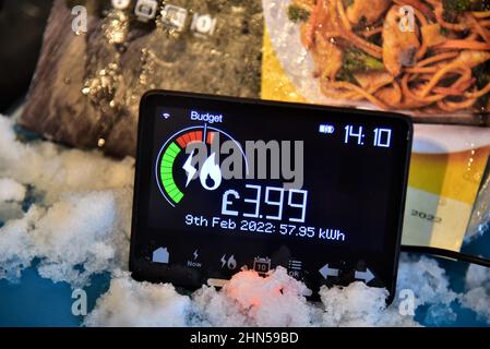 Smart meter to illustrate the increase of electricity and gas bills. . Smart meter shows a daily budget exceeded with some people facing  heat or eat Stock Photo