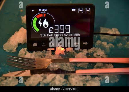 Smart meter to illustrate the increase of electricity and gas bills. . Smart meter shows a daily budget exceeded with some people facing  heat or eat Stock Photo