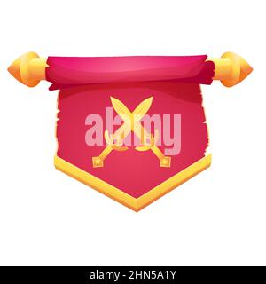 Red hanging medieval banner flag with cloth texture, golden decoration and swords in cartoon style isolated on white background. Ui game asset, heraldic design element,. Vector illustration Stock Vector