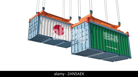 Freight containers with Saudi Arabia and Japan national flags. 3D Rendering Stock Photo