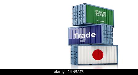 Freight containers with Saudi Arabia and Japan national flags. 3D Rendering Stock Photo