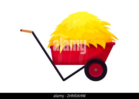 Wheelbarrow with hay pile, straw, dry grass in cartoon style isolated on white background. Rural farming equipment. . Vector illustration Stock Vector