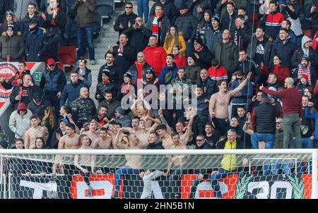 BUDAPEST, HUNGARY - FEBRUARY 13: Ultra supporters of Budapest Honved celebrate during the Hungarian OTP Bank Liga match between Budapest Honved and MOL Fehervar FC at Bozsik Arena on February 13, 2022 in Budapest, Hungary. Stock Photo